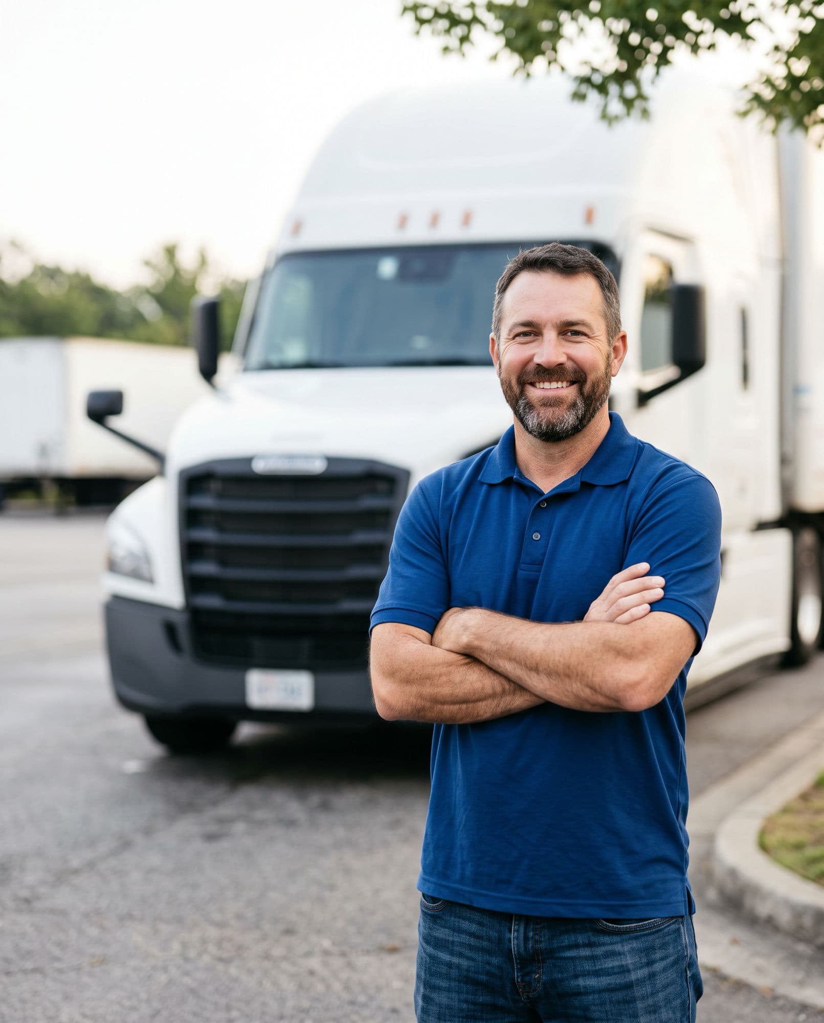 A smiling Road Runners driver, arms crossed, standing in front of a white Freightliner tractor on the yard