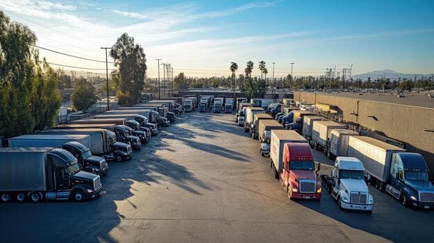 Truck yard with parked tractors and trailers